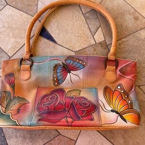 ANUSCHKA Hand Painted Butterflies & Roses Shoulder Bag